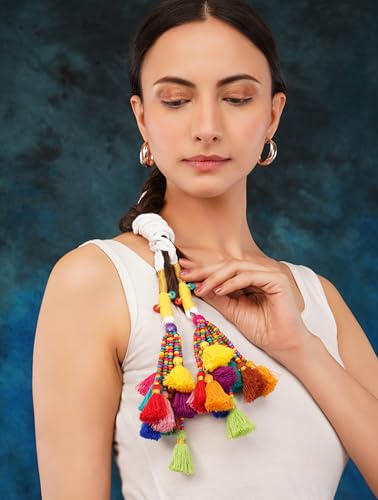 Image of Zippy Flora Rangeela Parandi (Multicolor) | Handmade Boho Parandi | Traditional Hair Accessory with Braid Tassles & Shells | Hair Extension | Choti | Versatile for Boho & Festive Styling | 22 Inches Length