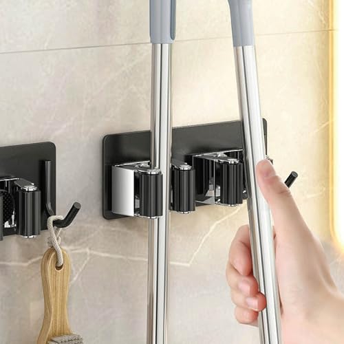 Image of HomeStrap Dual Stick-On Mop & Broom Holder with Rubber Grip | Stainless Steel Wall Holder with Hook for Mops, Brooms, Wiper & Towels | No Drilling Waterproof Self-Adhesive Hook for Daily Use|Set of 1