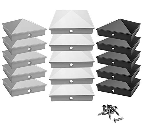 Capuchons pour poteaux 9x9 cm en fonte d’aluminium de qualité | Lot de 5/10 | Thermolaqué en 3 couleurs | Inoxydable | Avec vis en acier inoxydable | Pyramide | Chapeau/Embout | (5, blanc) Cover