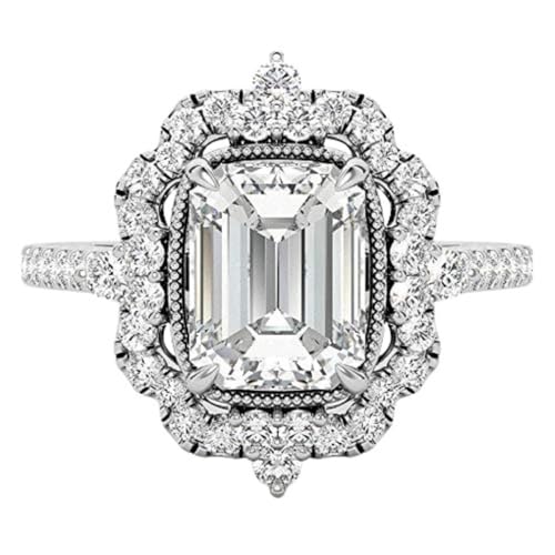 2-4 CT Emerald Cut Unique Halo Moissanite Ring Diamond Engagement Ring for Women Wedding Bridal Set Vintage Antique Anniversary Promise Gift for Her4