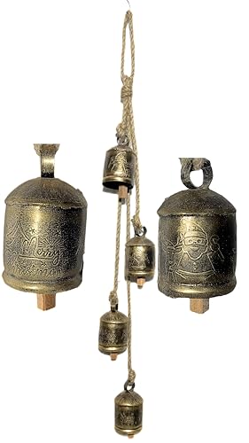 Bellshub Rustic Style 4 Bells Cluster Vintage Handmade Metal Harmony Christmas Hanging Cow Bells On Jute Rope (Pattern 2)