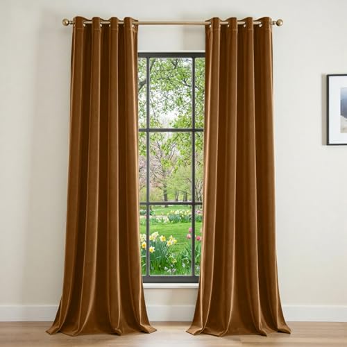 Image of Extra Long Golden Brown Velvet Curtains Grommet 52x108 Inch 2 Panels | Soft Velvet, For Tall Windows & High Ceilings, Light Shifting Texture, Elegant Luxury Drape, Rich, Rod Pocket