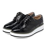 SHEMEE Women's Platform Low Heels Flat Lace Up Wingtip Oxfords Pumps Wedge Vintage Round Toe Brogues Dress Shoes(Black, US 10.5)