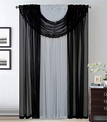 Kids Zone Home Linen 4 Panels with Attached Valances All-in-One Black White Sheer Rod Pocket Curtain Panel 84 Inches Long with Crystal Beads - Window Curtains for Bedroom, Living Room or Dinning Room