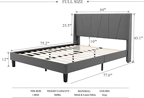 Benevika Queen Bed Frame With Modern Wingback Headboard, Mattress Foundation With Wood Slat Support, No Box Spring Needed, Easy Assembly, Grey #TOP1