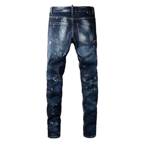 Men Streetwear Holes Patchwork Stretch Denim Slim Tapered Jeans2