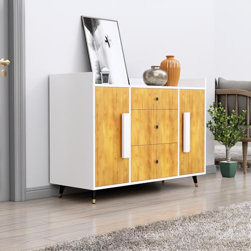 Image of Bniture Wooden Sideboard Cabinet for Living Room | Wooden Storage Cabinet with 2 Door & 3 Drawer | Engineered Wood Multipurpose Cabinet with Spacious Shelves for Home | Frosty White & Giant Wood