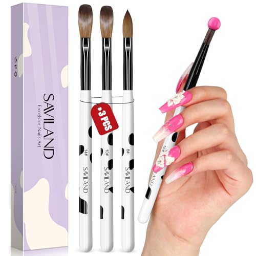 Saviland Acryl Pinsel für Nägel Set: Hochwertiges Nylonhaar & Kein Borstenverlust Salon Profi Nagel Pinsel für Acrylpulver Gelnägel 3 Stück Größen 8/10/14 Acrylnägel Starter Set für Anfänger Profis