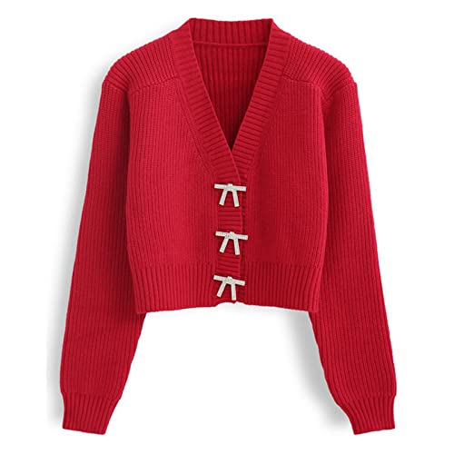 CHICWISH Women Crop Cardigan Sweaters Bowknot Brooch Button Knit Cardigans Open Front Long Sleeves Sweater Tops