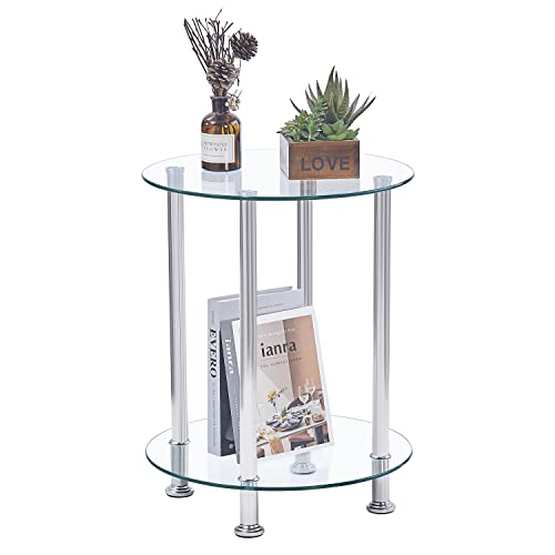 paonnepaonne Round Glass End Table for Living Room, Glass Sofa End Table With Storage Shelf, Small Accent Coffee Table Square Bedside Table with Polished Chrome Legs