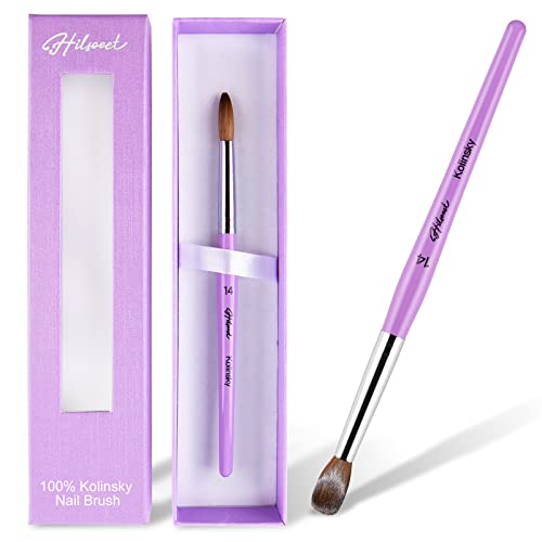 100% Pure Kolinsky Nail Art Brushes Acrylic Nail Brush Size 14 Nail Brushes for Acrylic Application Oval Crimped Shaped Paint Brushes Wood Handle Professional Nail Brush for Home Nail DIY