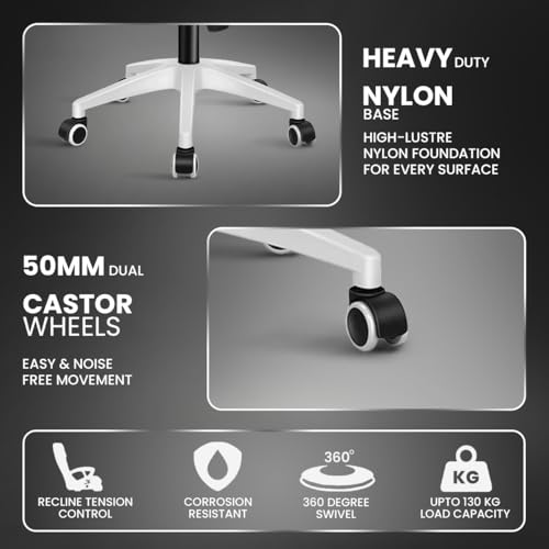Image of Kepler Brooks Crest Office Chair for Work | 3-Year Warranty | Ergonomic Office Chair, Study Chair for Home, 1D Arms, Adjustable Lumbar, Single Lock Recliner, Heavy Duty Nylon Base (White Grey)
