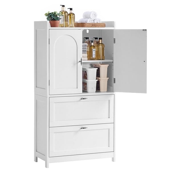 Yaheetech Armario de Suelo para Baño Clásico, Mueble de Almacenaje de Madera para Salón Cocina Entrada, con 2 Puertas y 2 cajones, Borde Elevado, Estante Ajustable, 60 x 30 x 115 cm, Blanco