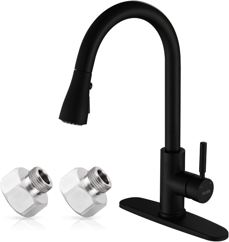 Pull Down Kitchen Sink Faucet Arofa A02BY Contemporary Matte Black