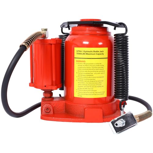 Air Hydraulic Bottle Jack, 32 Ton/70550 LBS All Welded Bottle Jack, 10-16.3 inch Lifting Range, Manual Handle and Air Pump, for Car, Pickup, Truck, RV, Auto Repair, Industrial Engineering (Red)