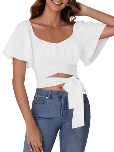 Rooscier Women's Ruched Wrap Ruffle Flare Short Sleeve Square Neck Self Tie Crop Top Blouse2