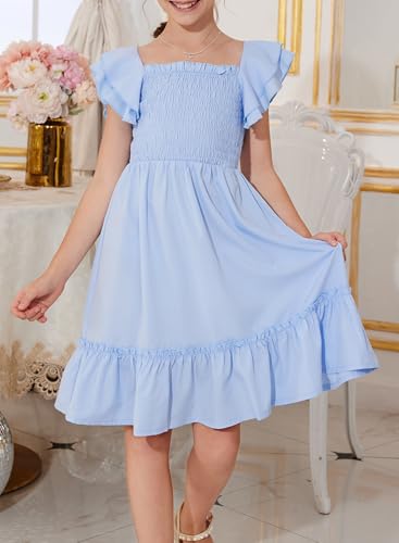 blibean Tween Girl Summer Dress Big Kid Ruffle Short Sleeve Outfit Solid Semi Formal Dressy Clothes Boho Fancy Party Clothing Size 8-9 Years Old Light Blue — view 2