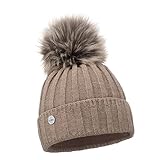 ELIMELI Kaschmir Mütze Damen Winter warme Strickmütze Wollmütze mit Kaschmir Wintermütze mit Kunstfell Bommel Slouch Strick Beanie Damen für Winter Bommelmütze Hergestellt in EU (Hellbraun)