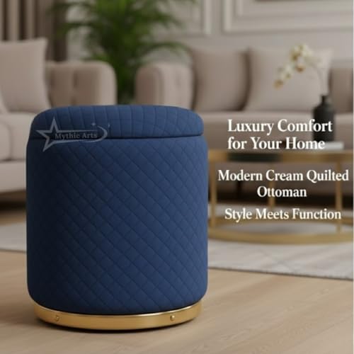 Image of Premium Round Storage Ottoman Stool 16 X 16X 19 inch, with Gold Metal Base | Luxury Pouffe with Hidden Storage | Cushioned Footrest for Living Room, Bedroom & Lounge Blue