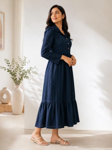 Image of Ayli Women's Textured Long Frock | Full Sleeve Maxi Frock | Tiered A-Line Dress for Casual, Office