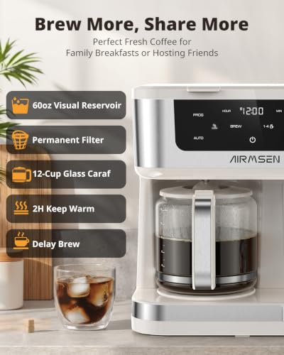 Image of AIRMSEN 12-Cup Programmable Duo Coffee Maker - Single Serve Machine for K-Cup Pods & Ground, 1000W Fast Brew, Delay Start, 2H Keep Warm, Touchscreen, 60oz Tank, Glass Carafe - Home & Office