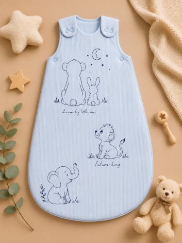 Image of TuddyBuddy Baby Cotton Wearable Quilted Sleeping Bag Blanket 1.5 Tog with 2 Way Zipper Closure | Ideal for Babies & Kids Hypoallergenic Fabrics | (Lions's Family - Sky Blue, 0-6 Months)