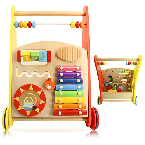 LeapWard Baby Learning Walker, Kid Shopping Cart Walker, Roll Cart Push Toy for 1-3 Years Old, Infant Wooden Walker, Sit to Stand Learning, Toddler Outdoor Activity, Children Walker Toy with Wheels