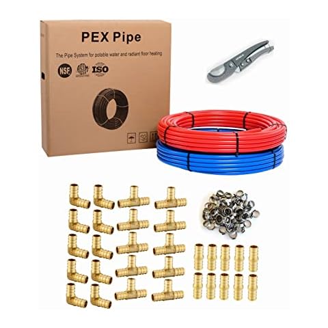 EFIELD 1/2 Inch 2 x 100 ft (200 Ft) Pex-b Pipe/Tubing, 30 Pcs 1/2-inch Barb Crimp Brass Fittings, 100 Pcs Stainless Steel Cinch Clamps, Pipe Cutter Cover
