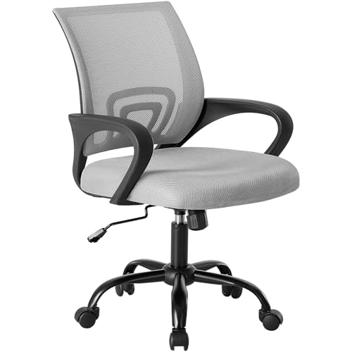 Image of DUMOS Home Office Chair - Ergonomic Mid Back Mesh Desk Chair with Lumbar Support & Rocking Mode, Height Adjustable with Fixed Armrest, for Computer, Gaming, Meeting, 360 Swivel, Grey