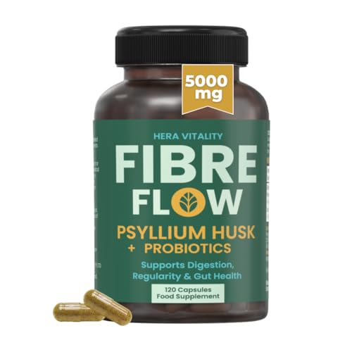 Fibre Supplement Capsules – Psyllium Husk Fibre 5000mg with Probiotics | High Strength Daily Fibre for Digestive Support & Regularity | 120 Vegan Capsules | HERA VITALITY