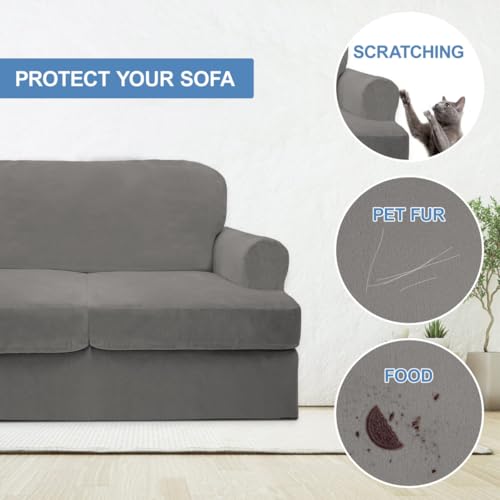 CUCRAF T Cushion Sofa Cover 3 Piece Loveseat Slipcovers, Soft Thick Velvet Couch Cover for Living Room, Washable High Stretch Furniture Protector with 2 Cushion Sofas Slipcover (Medium, Grey) by CUCRAF - Used condition - Image 4