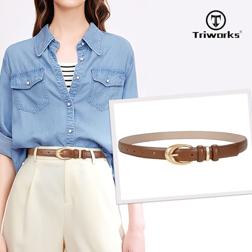 Image of TRIWORKS Women Leather Belt for Jeans Pants Fashion Ladies Skinny Faux Leather Dress belt with Gold Buckle
