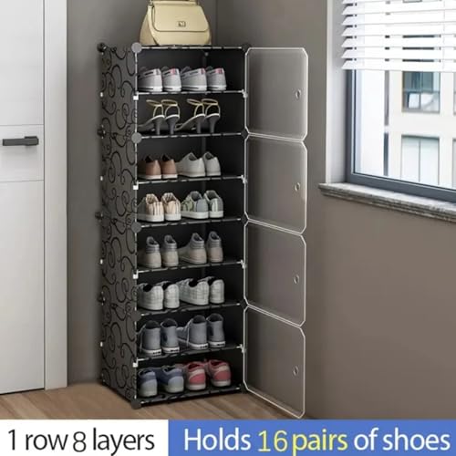 Image of Zemic DIY Plastic Shoe Rack with Door - 8-Shelf, 4-Door for Heels /Shoes - Home, Entryway, Hallway, Bedroom, Living Room (Black)