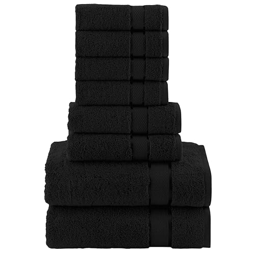Image of Elegant Comfort Premium Cotton 8-Piece Towel Set, Includes 4 Washcloths, 2 Hand Towels and 2 Bath Towels, 100% Turkish Cotton - Highly Absorbent and Super Soft Towels for Bathroom, Black