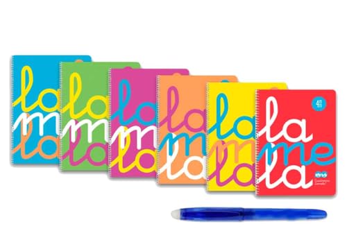 PAPELIVI Lote 6 Cuadernos Lamela Flúor Tapa Polipropileno Cuadrovia Tamaño CUARTO 1/4 80 Hojas Cuadros 4 mm + Bolígrafo Borrable