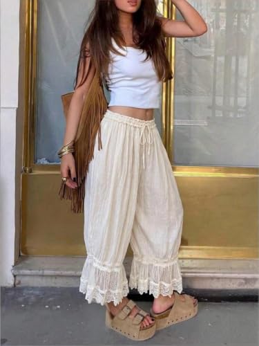 Image of UAURORAO Women Lace Trim Bloomer Pants Flowy Culottes Pantaloons Bloomers