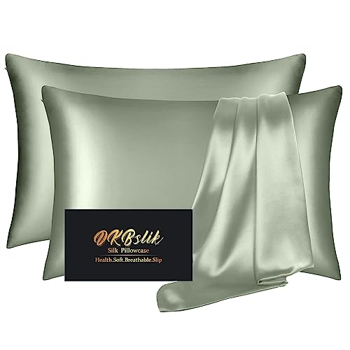 Image of Silk Pillowcase 2 Pack, Natural Mulberry Silk Pillow Case, Anti Acne Silk Pillowcase for Hair and Skin, King Size Silk Satin Pillowcase Set of 2 with Hidden Zipper, Gifts for Women Men, Sage Green