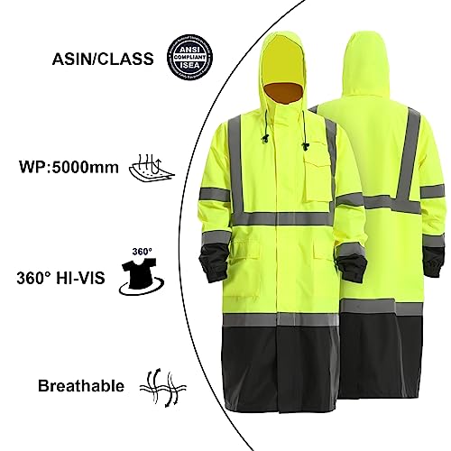 Image of Reflective Rain jackets for men waterproof,Hi Vis Rain Coat With 3M Reflective Strips，High Visibility Class 3 Rain Gear With 2 large pockets，Zipper,Black Bottom Lime,Small