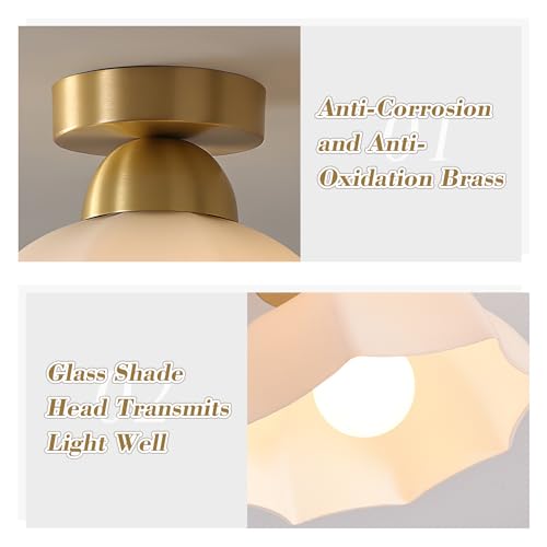 Image of Mid Century Brass Ceiling Light Industrial Glass Hallway Light Fixtures Retro Vintage Semi Flush Mount Close to Ceiling Light for Entryway Bathroom Foyer, Dome, White, X8022-Father
