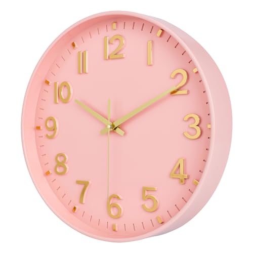 Image of HZDHCLH Wall Clocks Battery Operated,Wall Clock Pink Gold 12 inch Wall Clock Silent Non Ticking Modern 3D Numbers for Office Kitchen Classroom Bedroom Living Room Decor