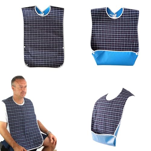 SHEPAILAI 1Pc Adult Bibs with Crumb Catcher, Waterproof and Reusable Washable Mealtime Clothing Protectors for Elderly Men and Women, Checkered