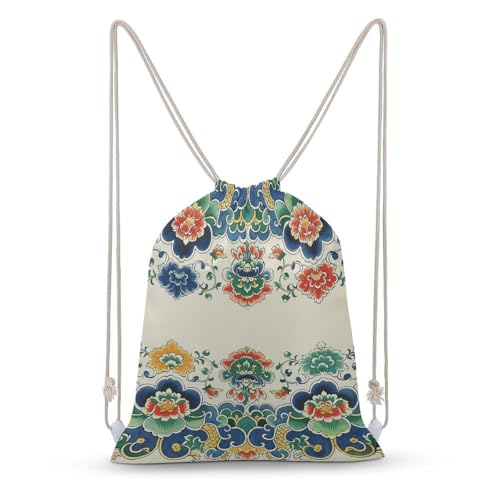 Canvas Drawstring Backpacks Chinese Border Pattern Sports Gym Pull String Bags Lightweight for Men Women