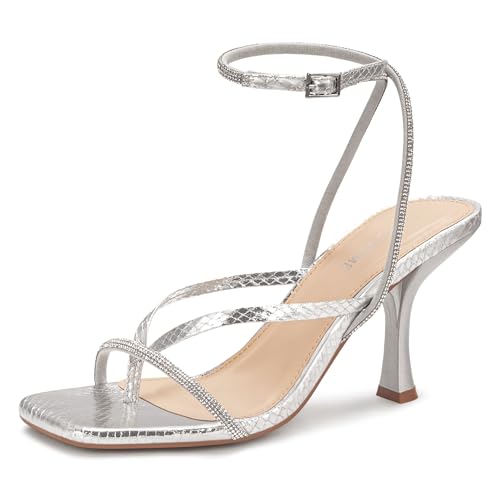 Image of Carcuume Womens Kitten Heels Square Toe Thong Strappy Ankle Strap Stiletto Heel Sandals