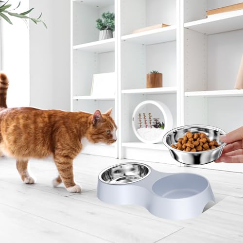 Luazvilkpsar Katzennapf Grau, Futternapf Katze 2er Set Katzennapf Erhöht aus Edelstahl Futterstation rutschfeste, Katzennäpfe Abnehmbarer Fressnapf und Wassernapf für Katzen und Kleine Hunde