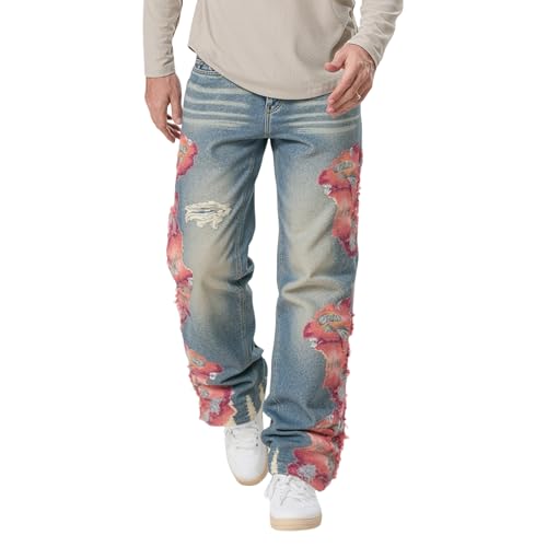 Mens Trendy Washed Denim Trousers Mid-Rise Contrast Color Regular Fit Casual Jean Pants with Pockets Streetwear