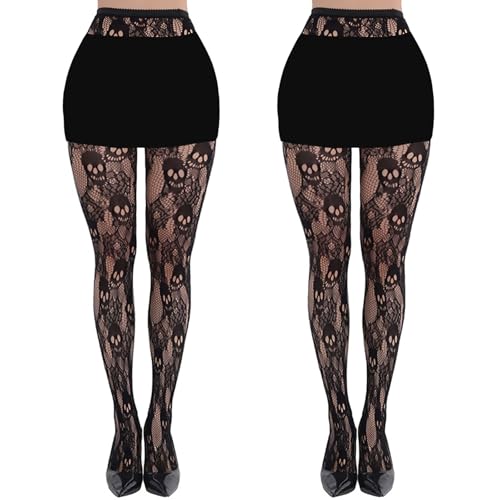 YAUOIPI 2 Pairs Womens Black Fishnet Patterned Halloween Tights Fishnets Tights for Women Womens Patterned Fishnet Tights High Waist Skull Sexy Stockings For Gothic Fashion One Size (Black)