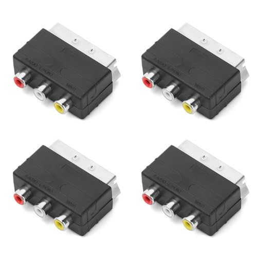 Nicear Adaptador SCART macho a 3 hembra de 4 piezas compatible con TV, DVD, VCR, transmisión de audio y video, compacto y duradero, color negro.