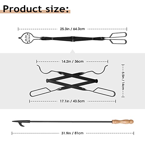 26" Fireplace Fire Pit Tongs & 32" Fire Pit Poker, Fireplace Wood Stove Firewood Tongs, Black Heavy Duty Wrought Iron Log Grabber Fire Pit Tools For Campfire, Fireplace, Bonfires, Indoor&Outdoor Use #TOP1