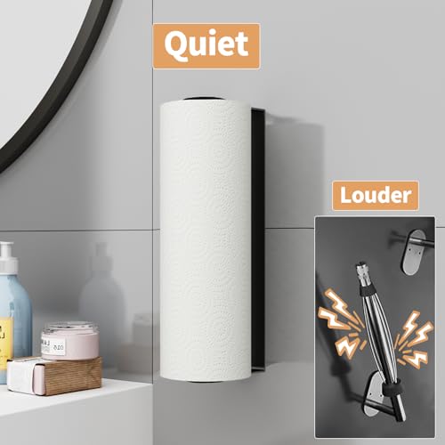 Image of Paper Towel Holder Under Cabinet, Stainless Steel, Wall Mount, Black Adhesive Paper Roll Holder for Kitchen and Bathroom