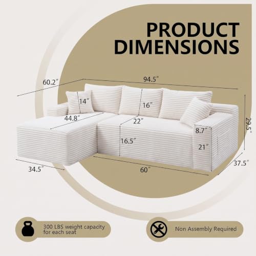 Image of 94.5 inch L Shaped Boneless Sectional Corduroy Couches for Living Room (White)